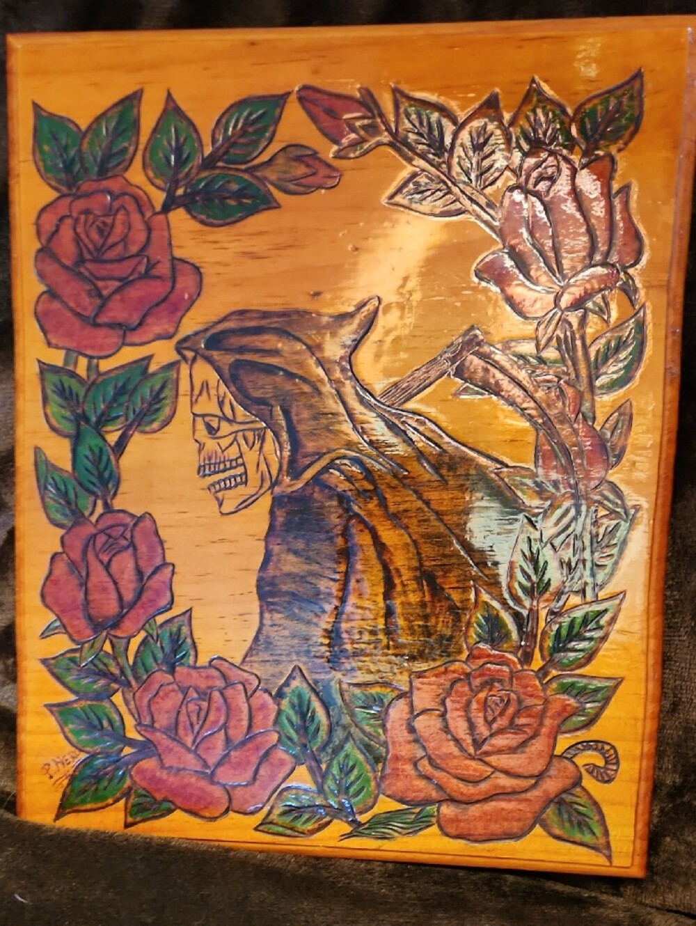 Hand Carved Reaper & Rose Wood Plaque - Orange Background